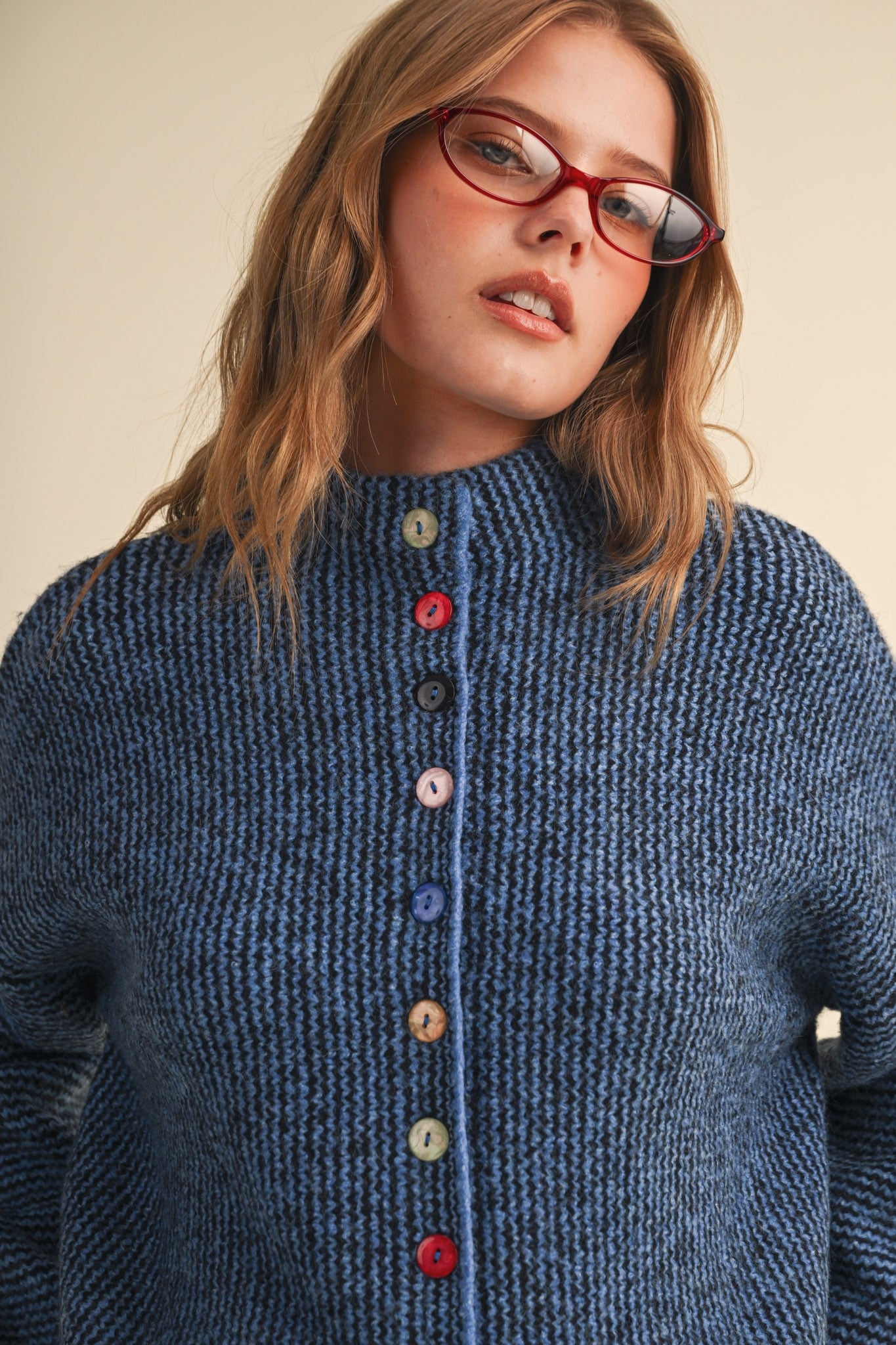 Button Collector Textured Stripe Knit Cardigan in Black Blue, photo 1