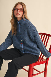 Button Collector Textured Stripe Knit Cardigan in Black Blue, photo 3