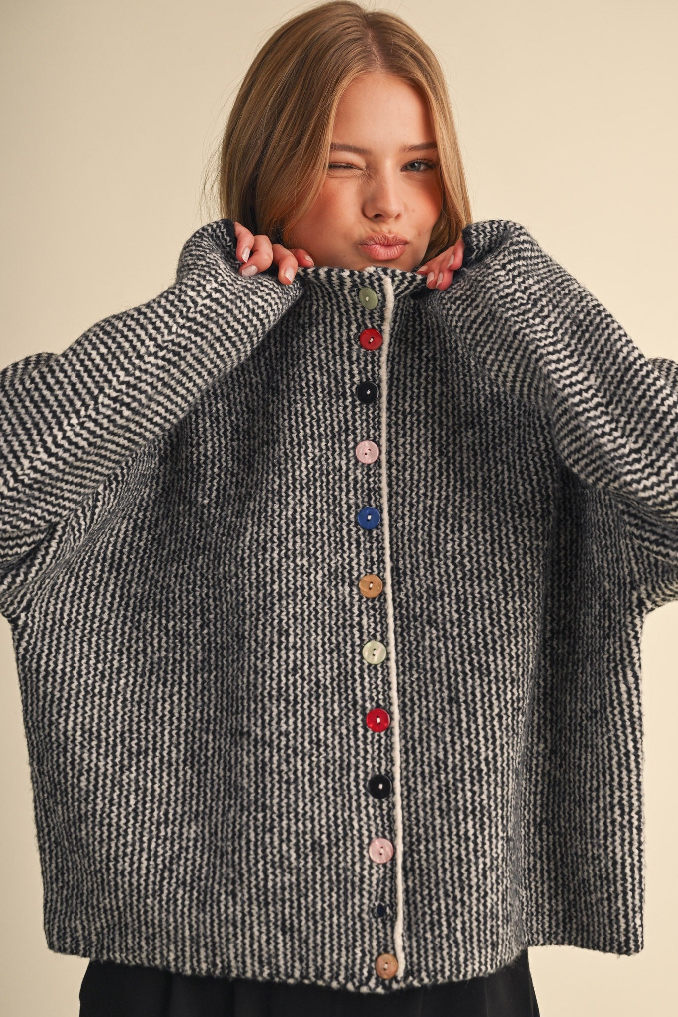 Button Collector Textured Stripe Knit Cardigan in Black Ivory, photo 2