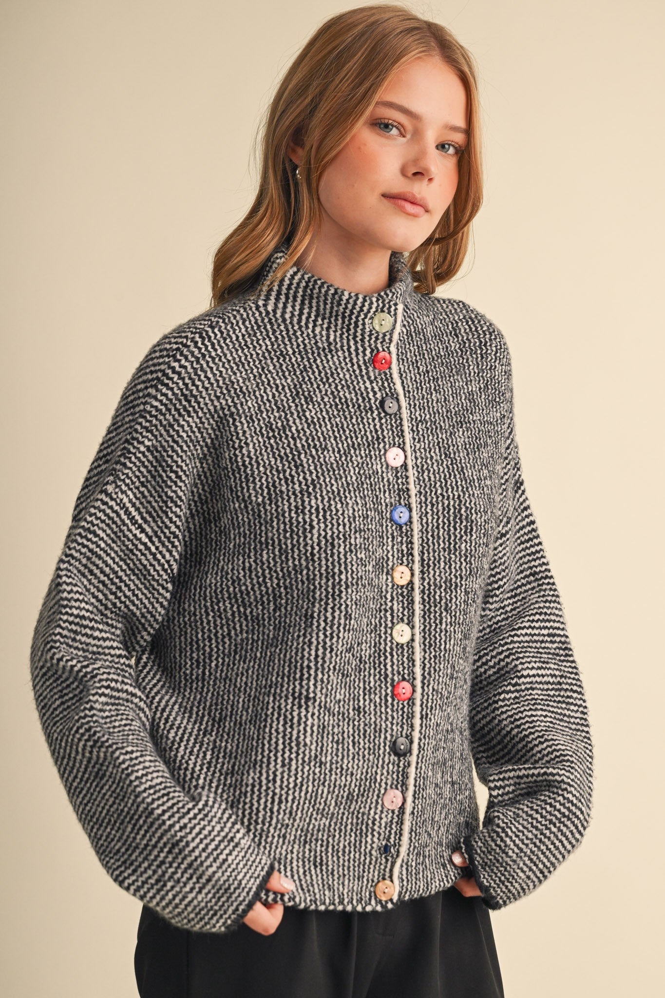 Button Collector Textured Stripe Knit Cardigan in Black Ivory, photo 3