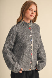 Button Collector Textured Stripe Knit Cardigan in Black Ivory, photo 3