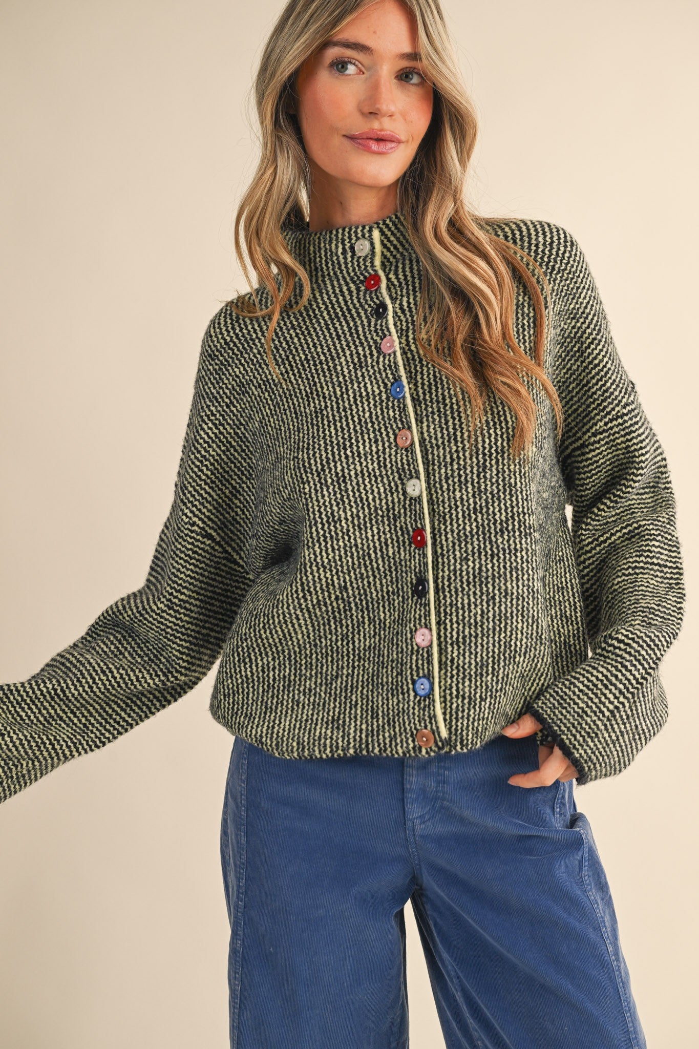 Button Collector Textured Stripe Knit Cardigan in Black Lime, photo 1