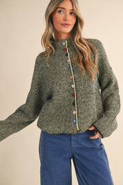 Button Collector Textured Stripe Knit Cardigan in Black Lime, photo 1