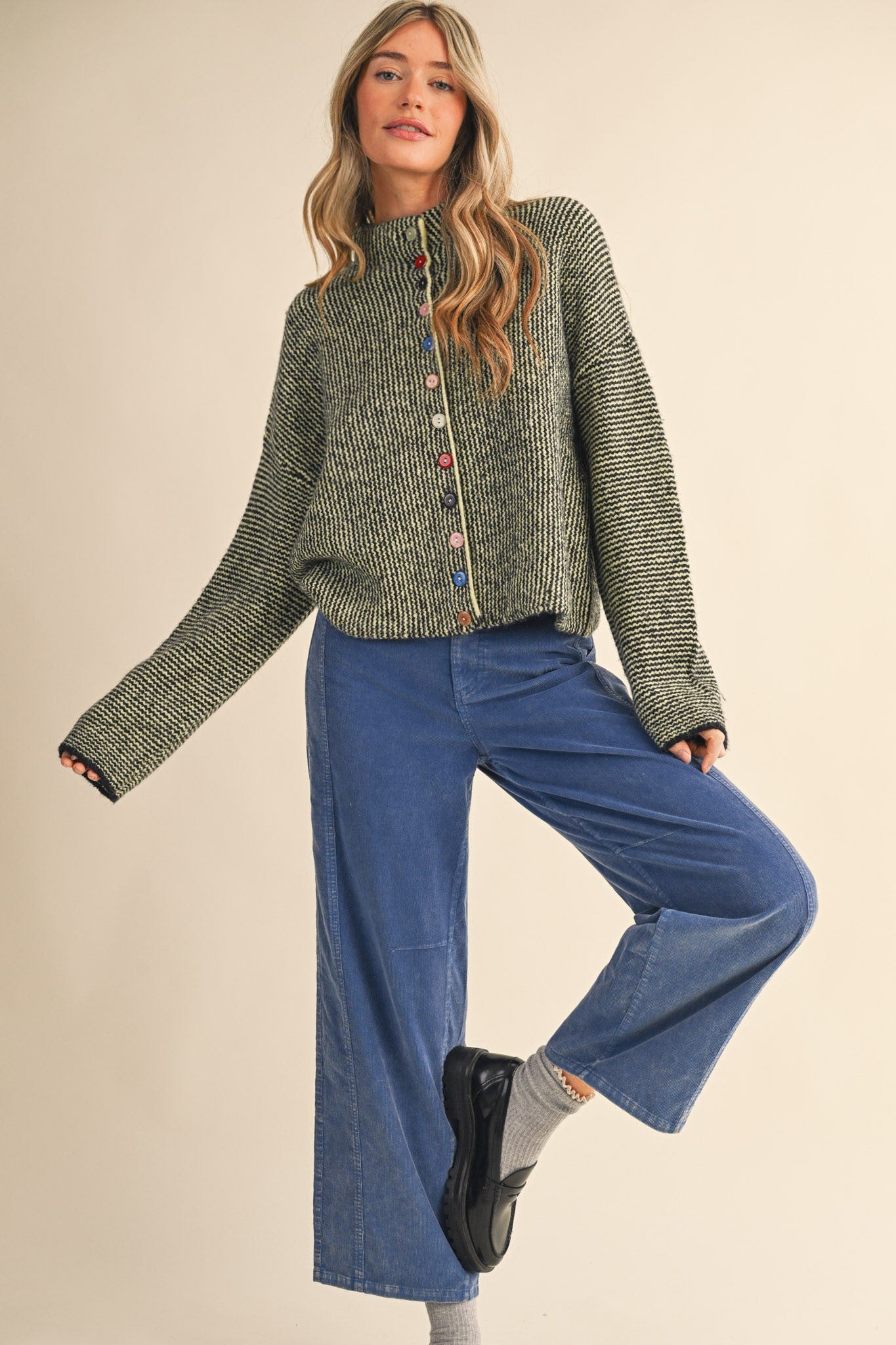 Button Collector Textured Stripe Knit Cardigan in Black Lime, photo 3