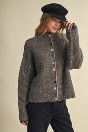 Button Collector Textured Stripe Knit Cardigan in Black Taupe, photo 1