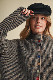 Button Collector Textured Stripe Knit Cardigan in Black Taupe, photo 2