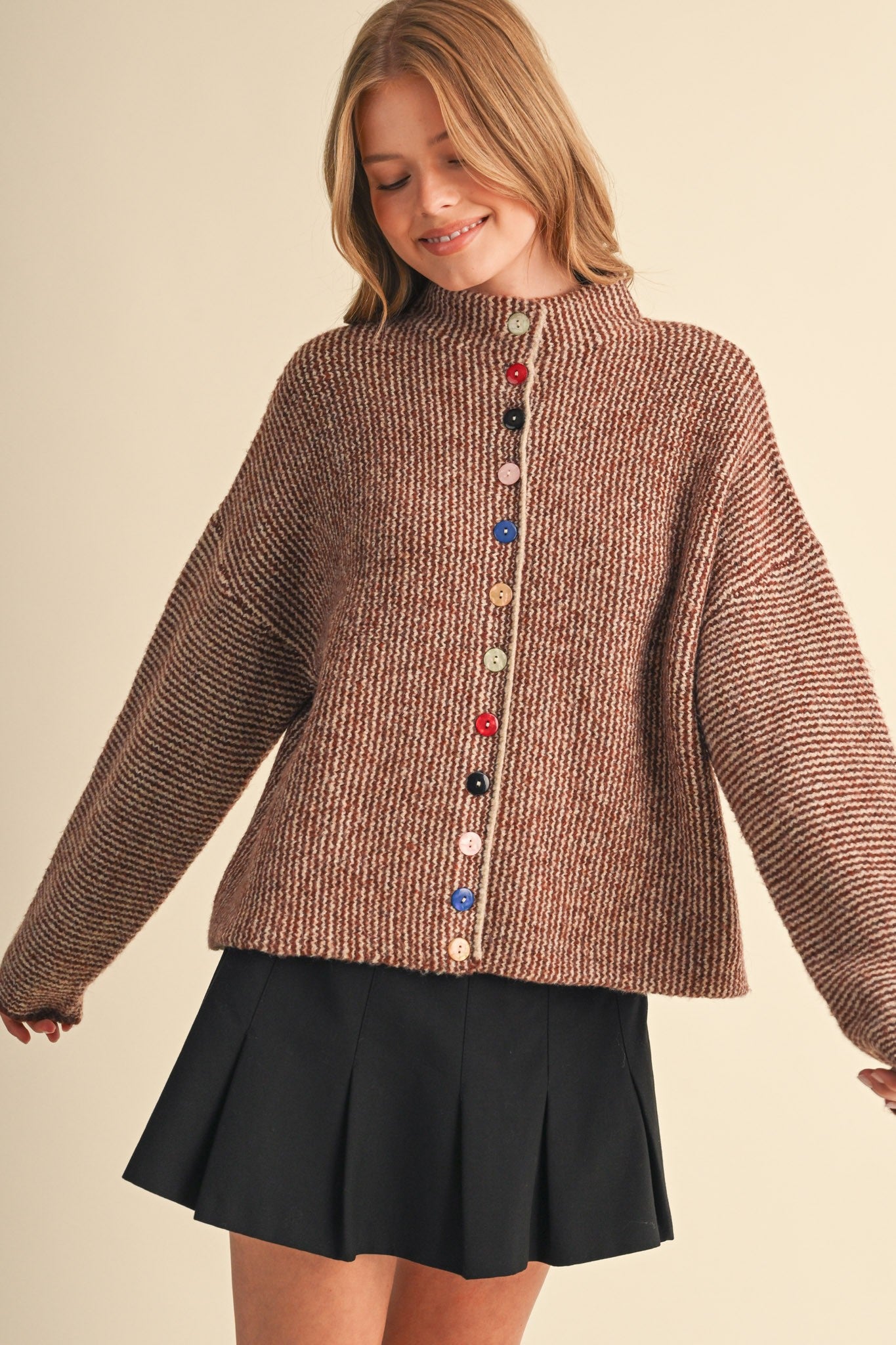 Button Collector Textured Stripe Knit Cardigan in Brown Taupe, photo 3