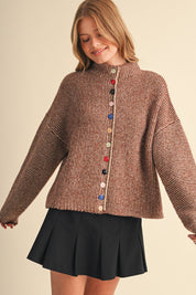 Button Collector Textured Stripe Knit Cardigan in Brown Taupe, photo 3