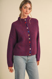 Button Collector Textured Stripe Knit Cardigan in Burgundy Pink, photo 1