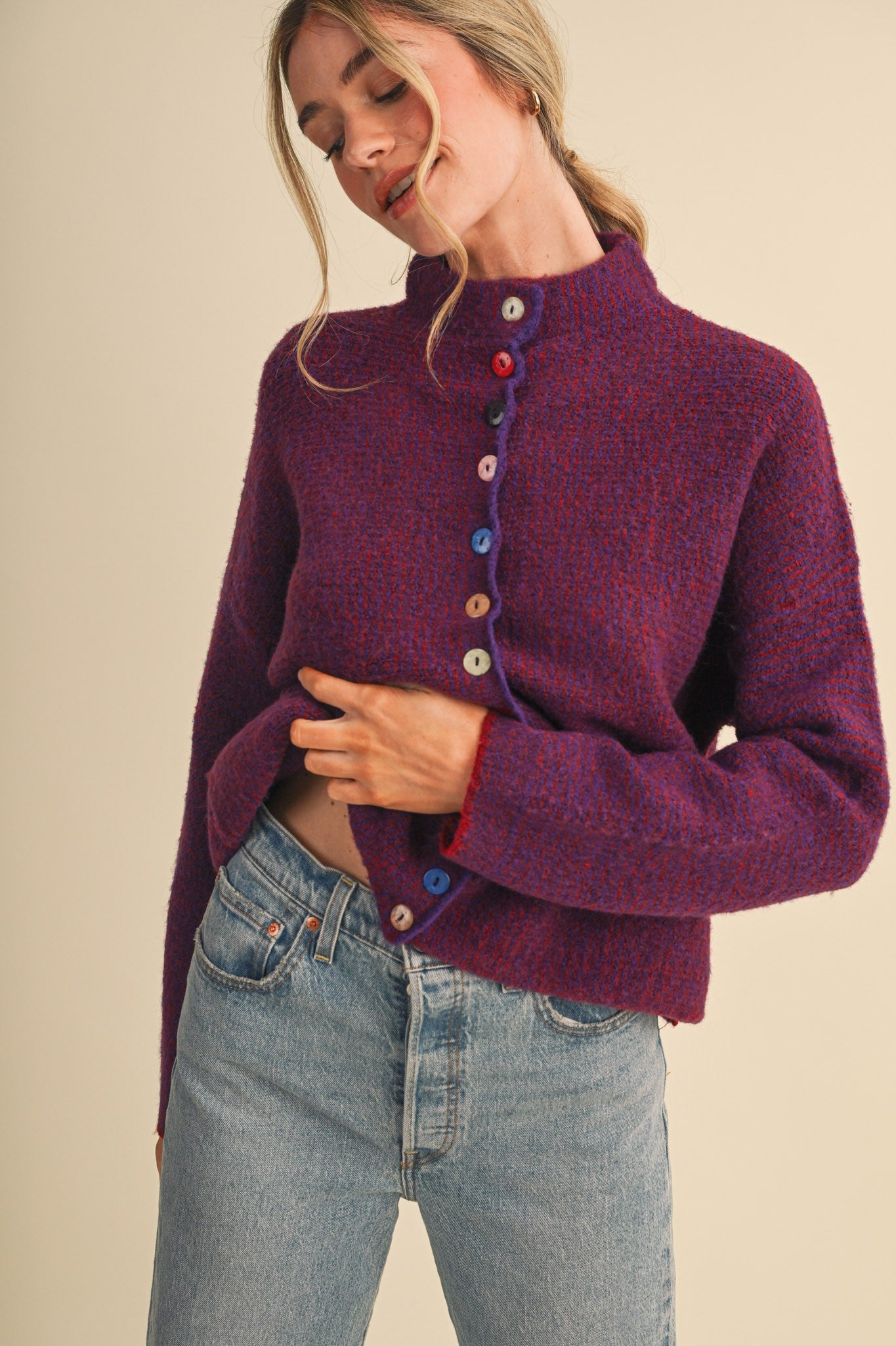 Button Collector Textured Stripe Knit Cardigan in Burgundy Pink, photo 2