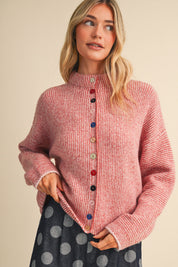 Button Collector Textured Stripe Knit Cardigan in Dusty Rose, photo 1