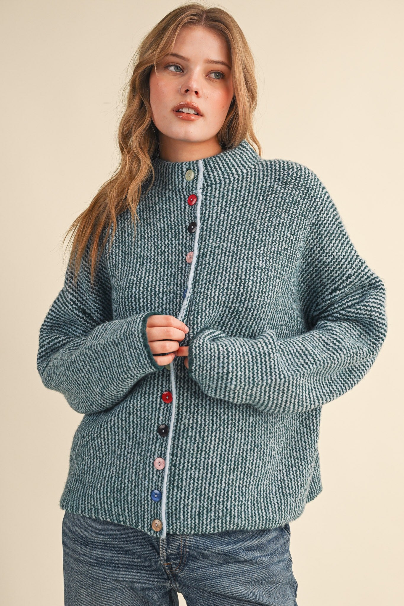 Button Collector Textured Stripe Knit Cardigan in Green Blue, photo 1