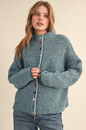 Button Collector Textured Stripe Knit Cardigan in Green Blue, photo 1
