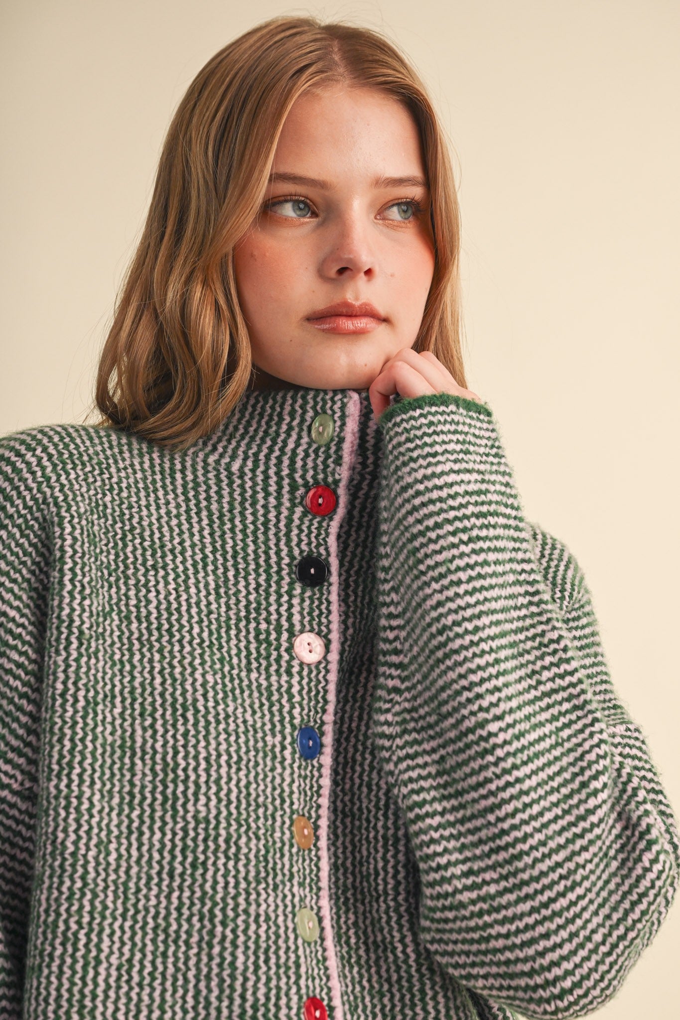 Button Collector Textured Stripe Knit Cardigan in Green Pink, photo 1