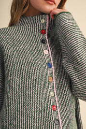 Button Collector Textured Stripe Knit Cardigan in Green Pink, photo 2