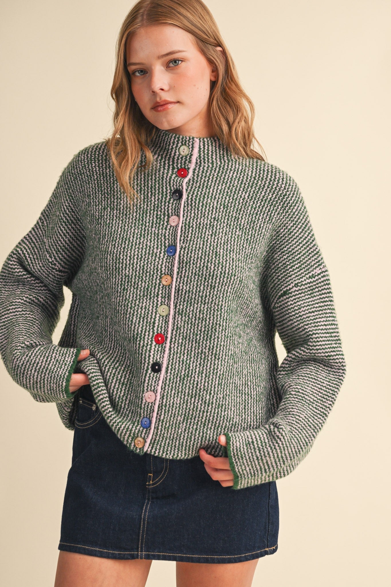 Button Collector Textured Stripe Knit Cardigan in Green Pink, photo 3