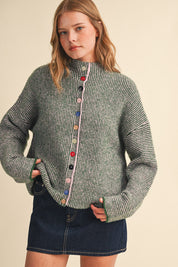 Button Collector Textured Stripe Knit Cardigan in Green Pink, photo 3