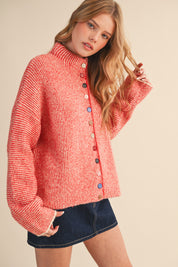 Button Collector Textured Stripe Knit Cardigan in Ivory Red, photo 1
