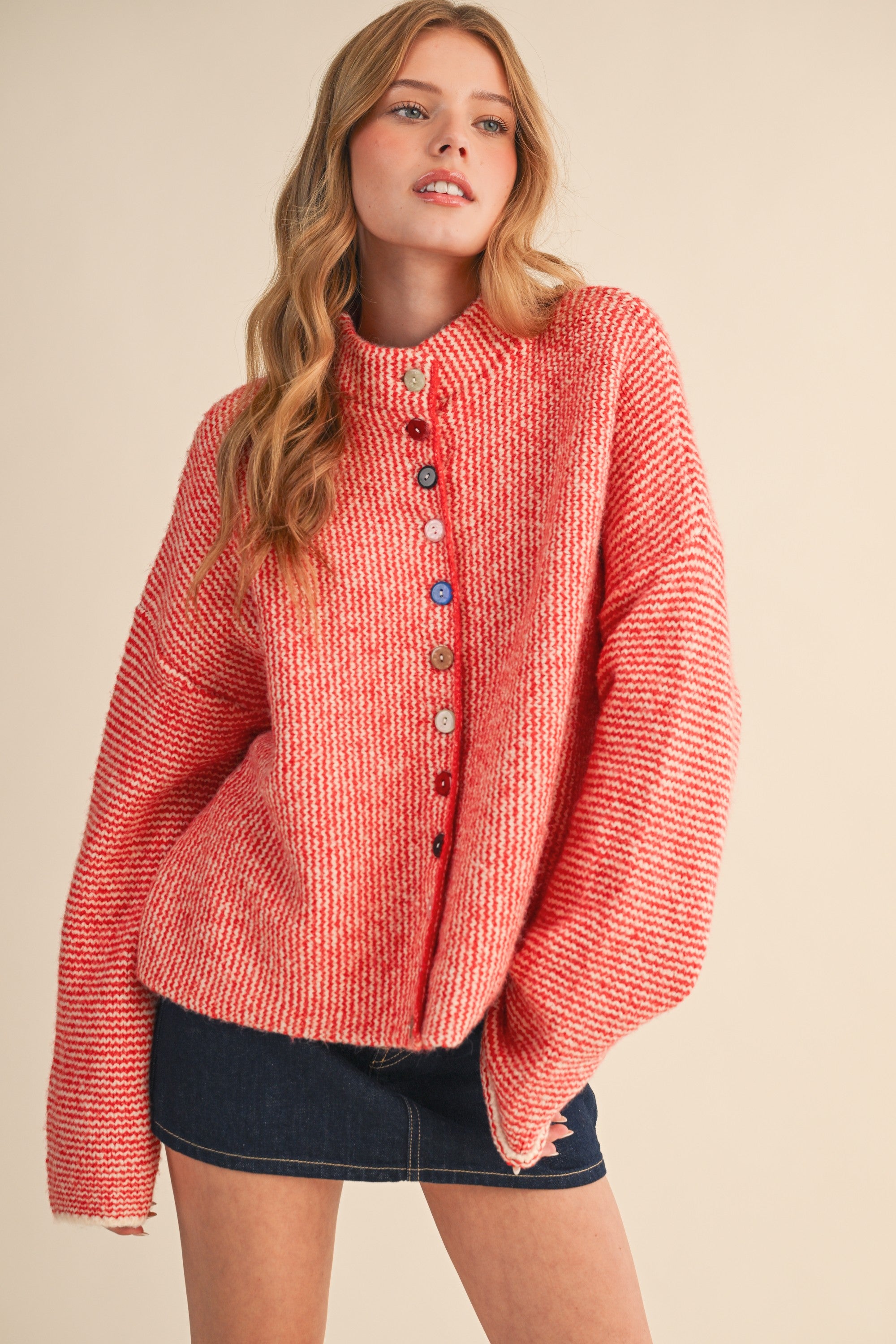 Button Collector Textured Stripe Knit Cardigan in Ivory Red, photo 2