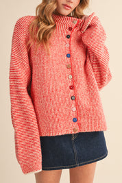 Button Collector Textured Stripe Knit Cardigan in Ivory Red, photo 3