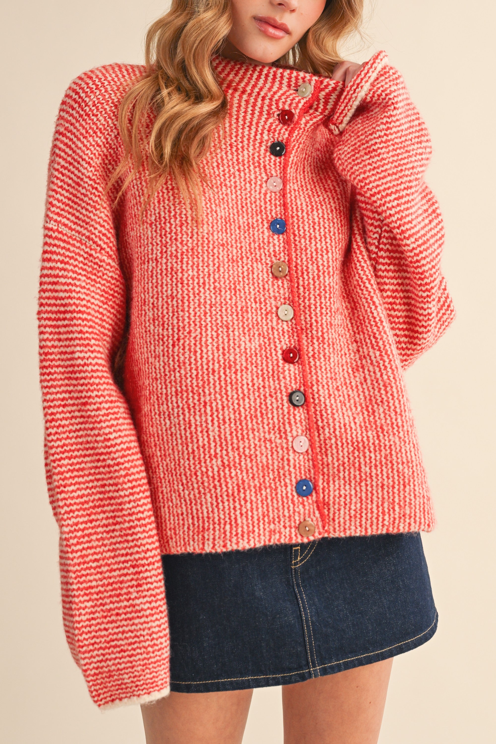 Button Collector Textured Stripe Knit Cardigan in Ivory Red, photo 3