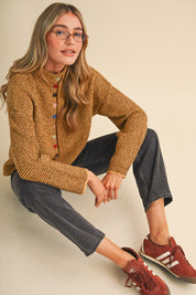 Button Collector Textured Stripe Knit Cardigan in Mustard Brown, photo 2