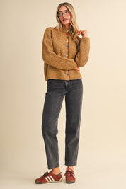 Button Collector Textured Stripe Knit Cardigan in Mustard Brown, photo 3