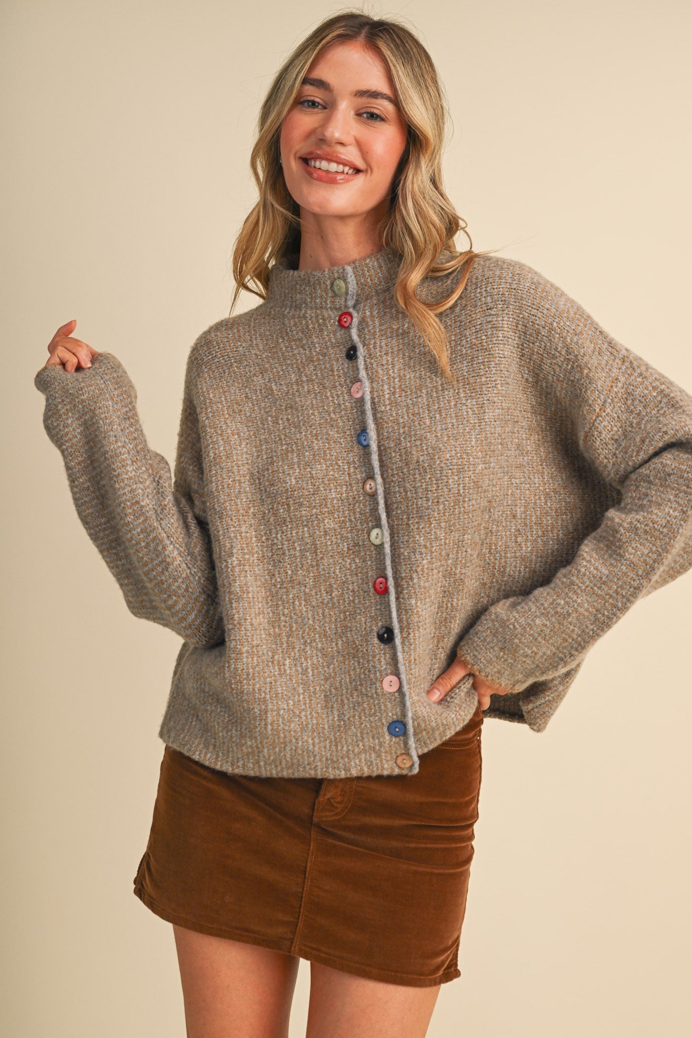 Button Collector Textured Stripe Knit Cardigan in Natural Grey, photo 1