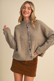Button Collector Textured Stripe Knit Cardigan in Natural Grey, photo 1