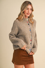 Button Collector Textured Stripe Knit Cardigan in Natural Grey, photo 3