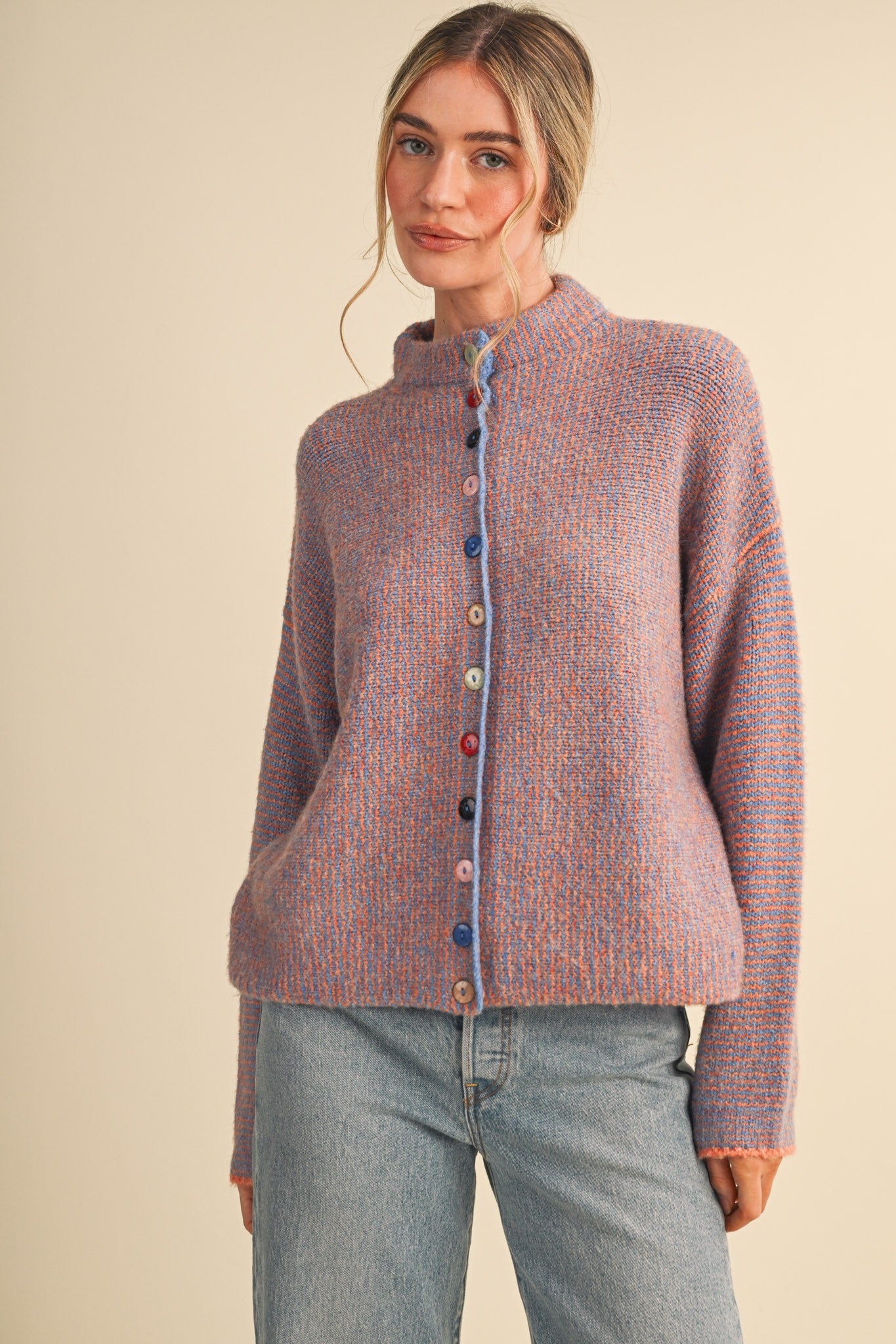 Button Collector Textured Stripe Knit Cardigan in Orange Blue, photo 1
