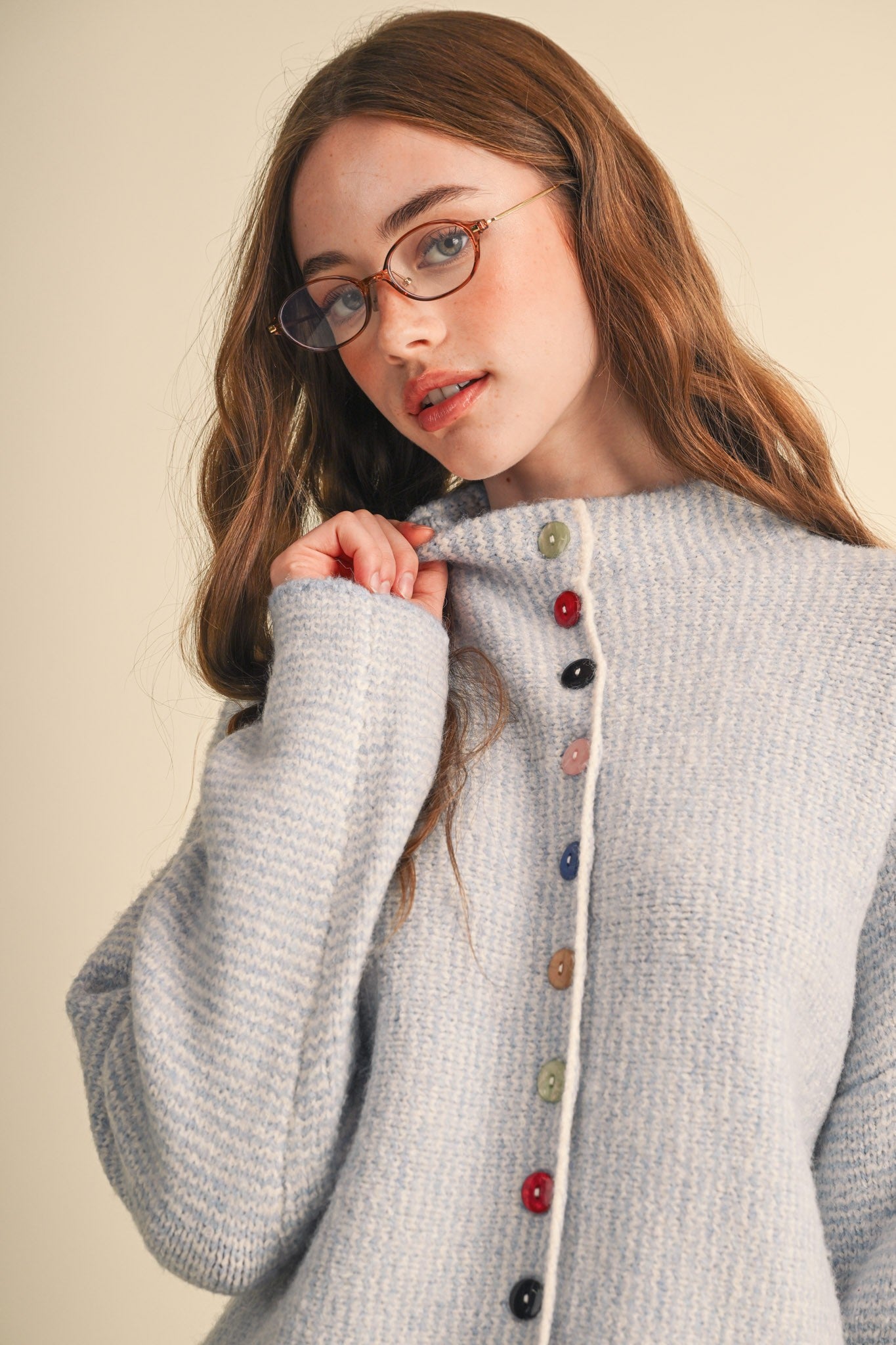 Button Collector Textured Stripe Knit Cardigan in Powder Blue, photo 1
