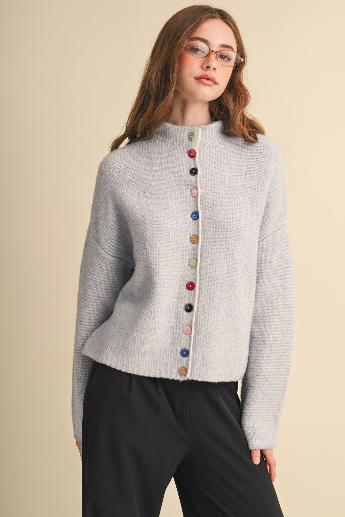 Button Collector Textured Stripe Knit Cardigan in Powder Blue, photo 2