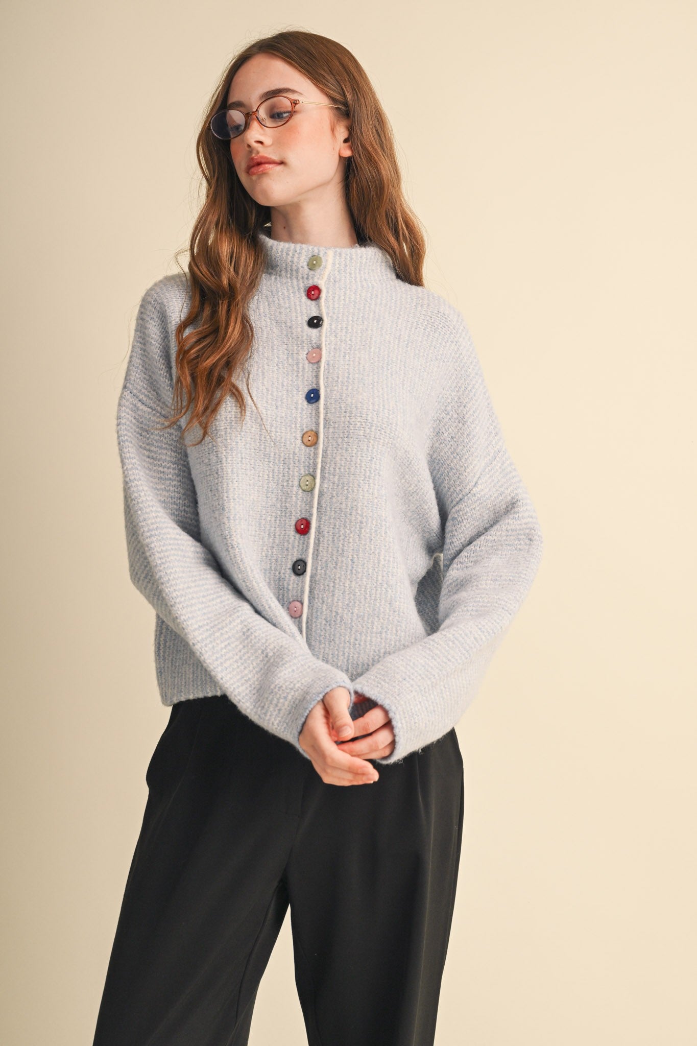 Button Collector Textured Stripe Knit Cardigan in Powder Blue, photo 3