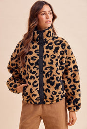 Calico Leopard High Neck Sherpa Jacket - Westly
