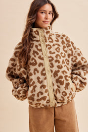 Calico Leopard High Neck Sherpa Jacket - Westly
