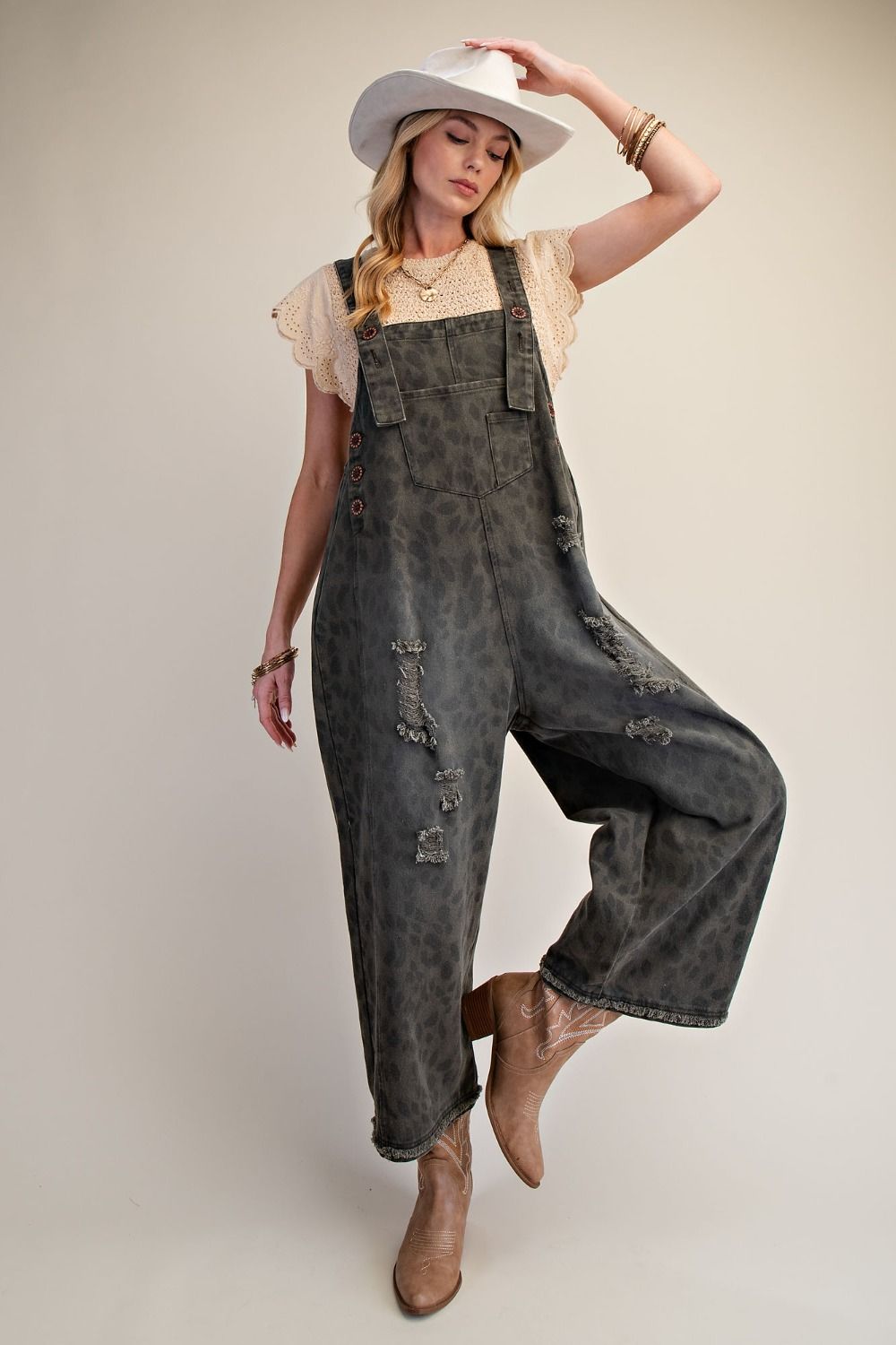 Calico Ridge Leopard Print Washed Denim Overalls - Westly