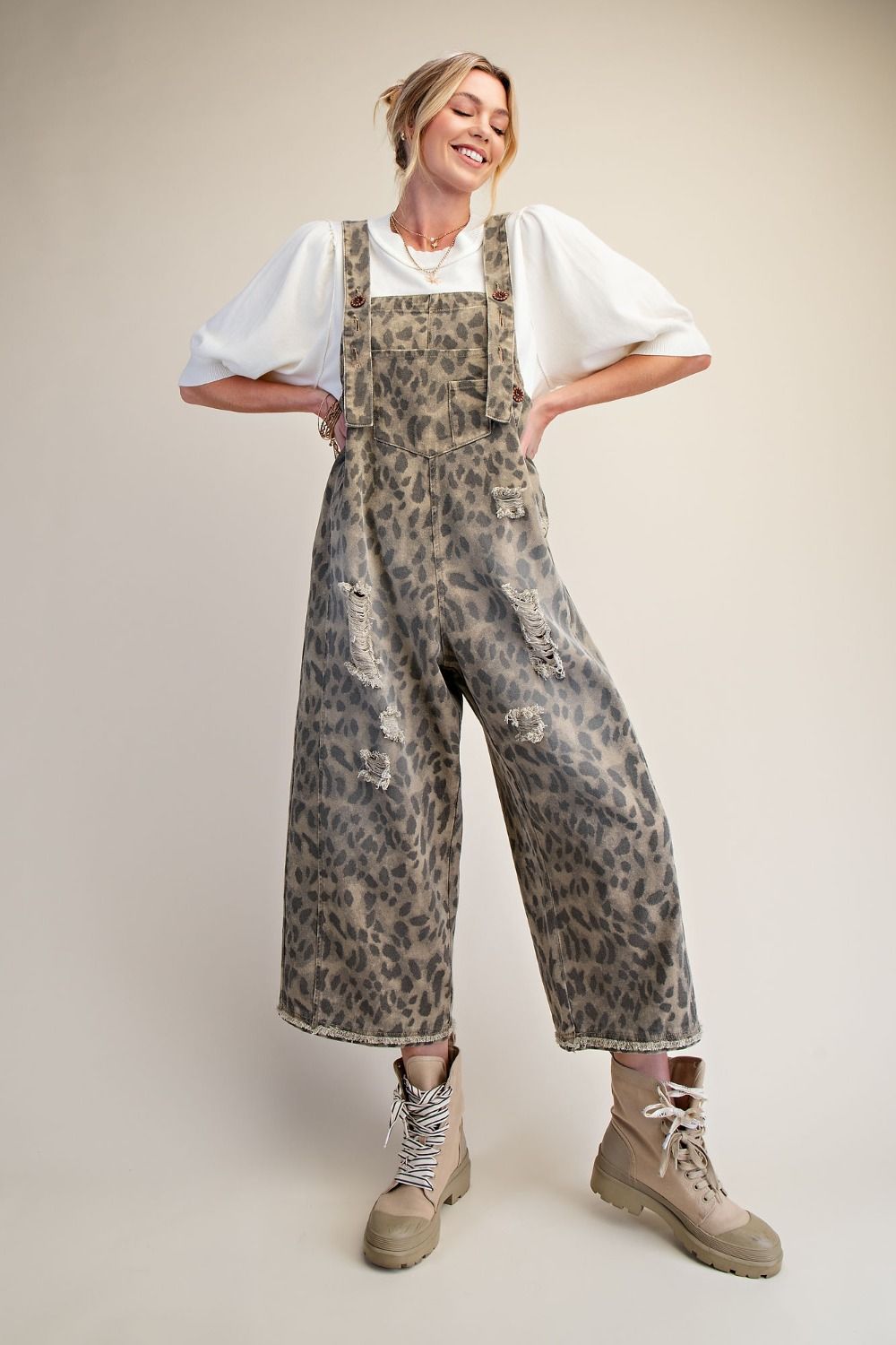 Calico Ridge Leopard Print Washed Denim Overalls - Westly