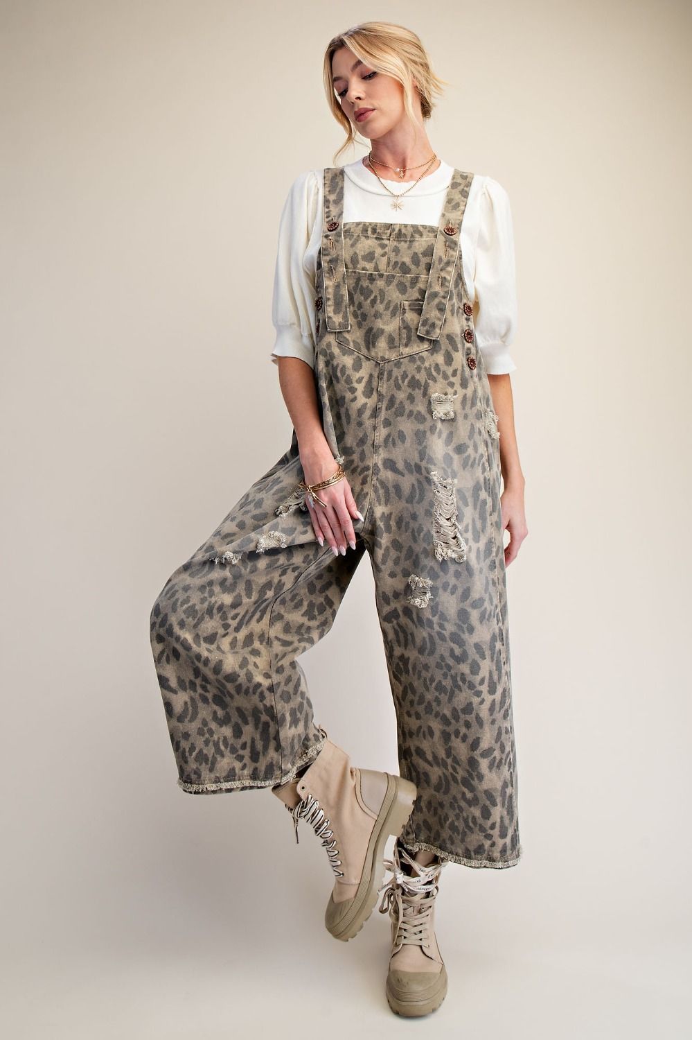 Calico Ridge Leopard Print Washed Denim Overalls - Westly