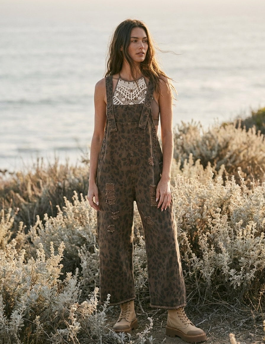 Calico Ridge Leopard Print Washed Denim Overalls - Westly