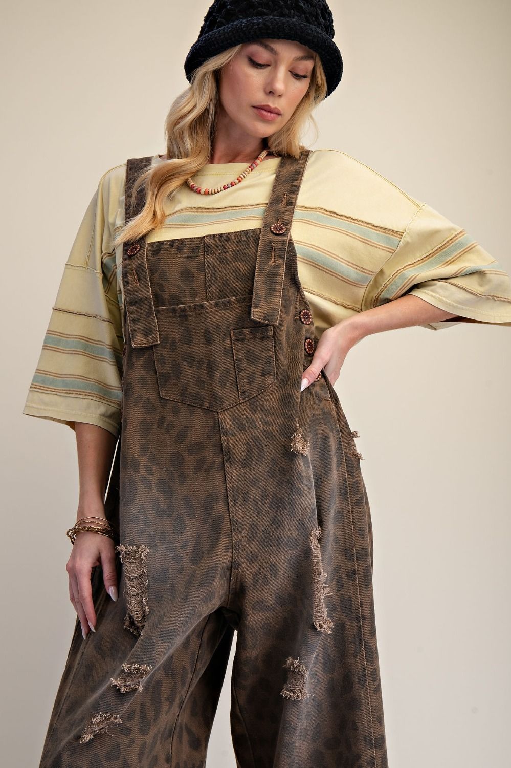 Calico Ridge Leopard Print Washed Denim Overalls - Westly