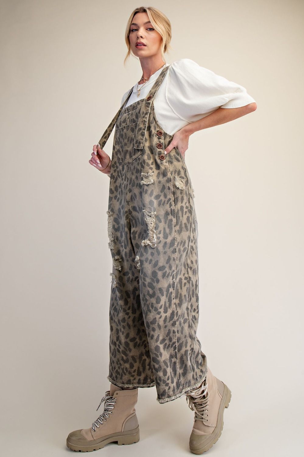 Calico Ridge Leopard Print Washed Denim Overalls - Westly