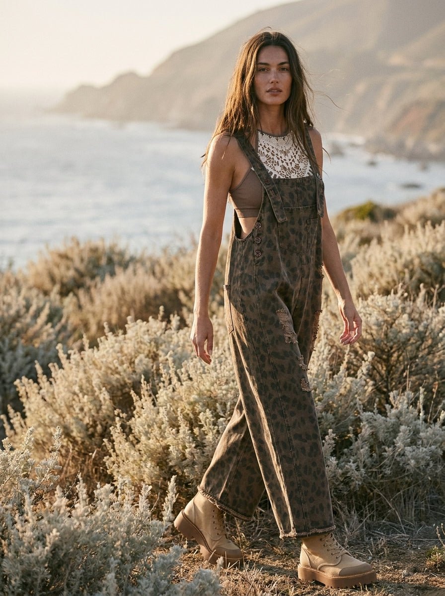 Calico Ridge Leopard Print Washed Denim Overalls - Westly