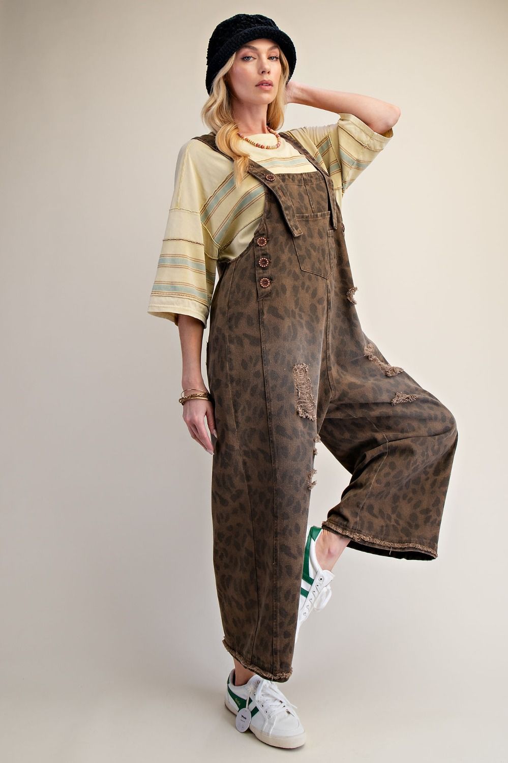 Calico Ridge Leopard Print Washed Denim Overalls - Westly