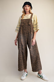 Calico Ridge Leopard Print Washed Denim Overalls - Westly