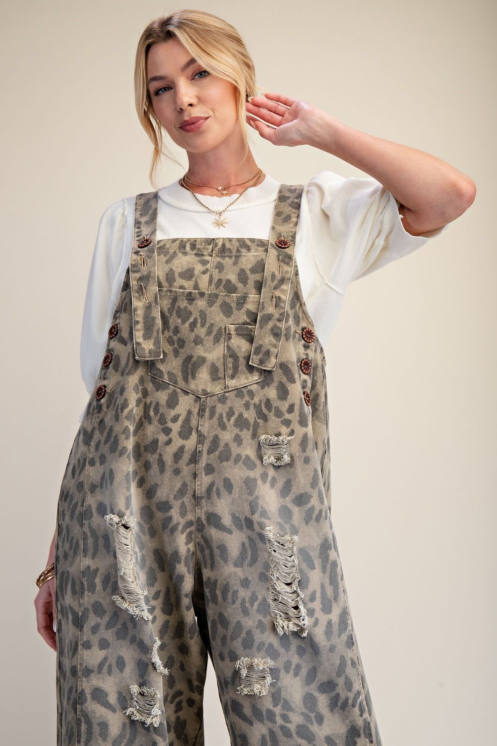 Calico Ridge Leopard Print Washed Denim Overalls - Westly