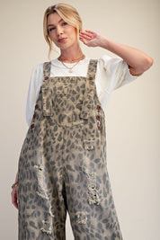 Calico Ridge Leopard Print Washed Denim Overalls - Westly