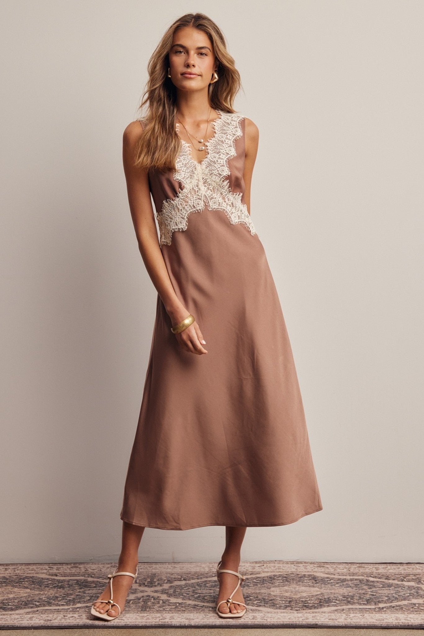 Calla Lace Trim Satin Midi Dress - Westly