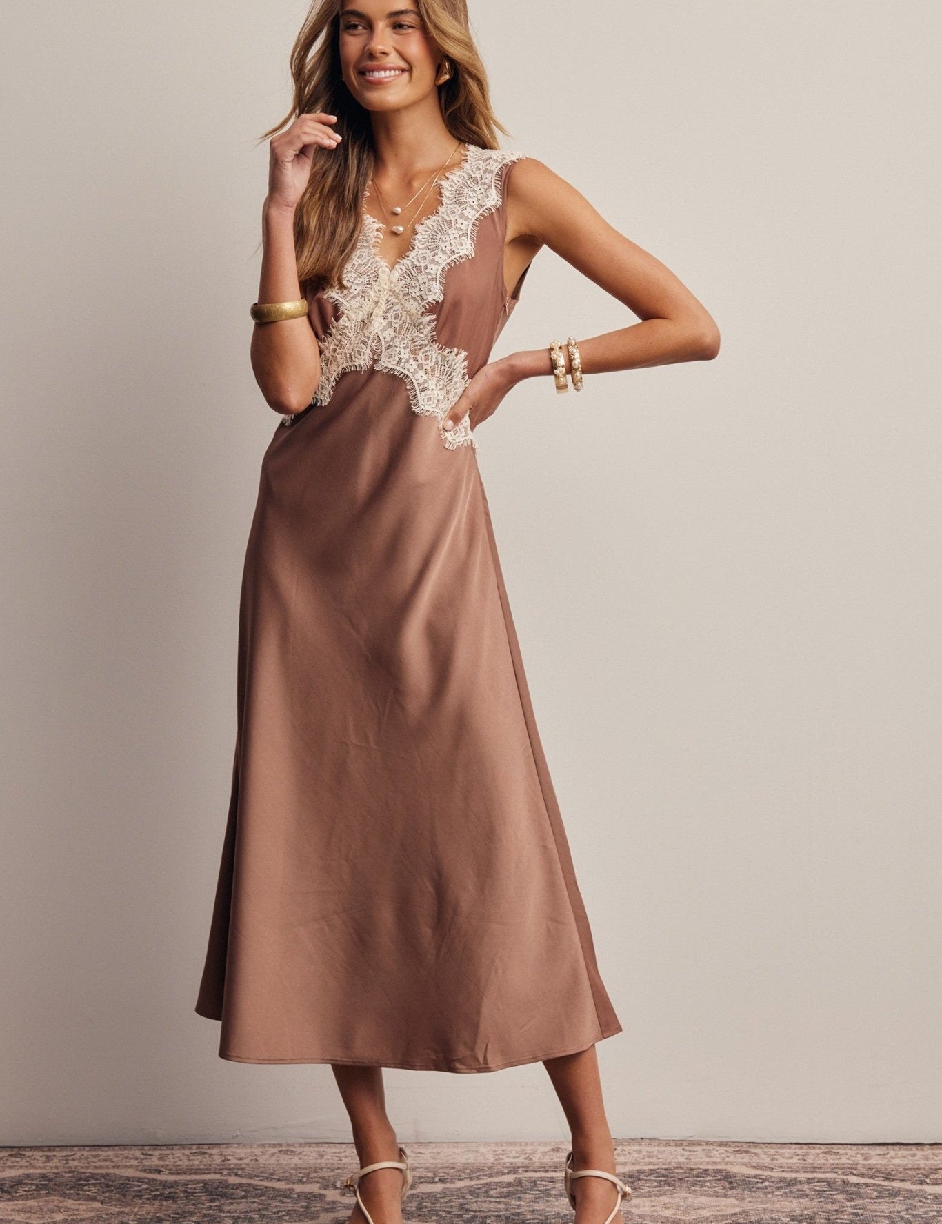Calla Lace Trim Satin Midi Dress - Westly