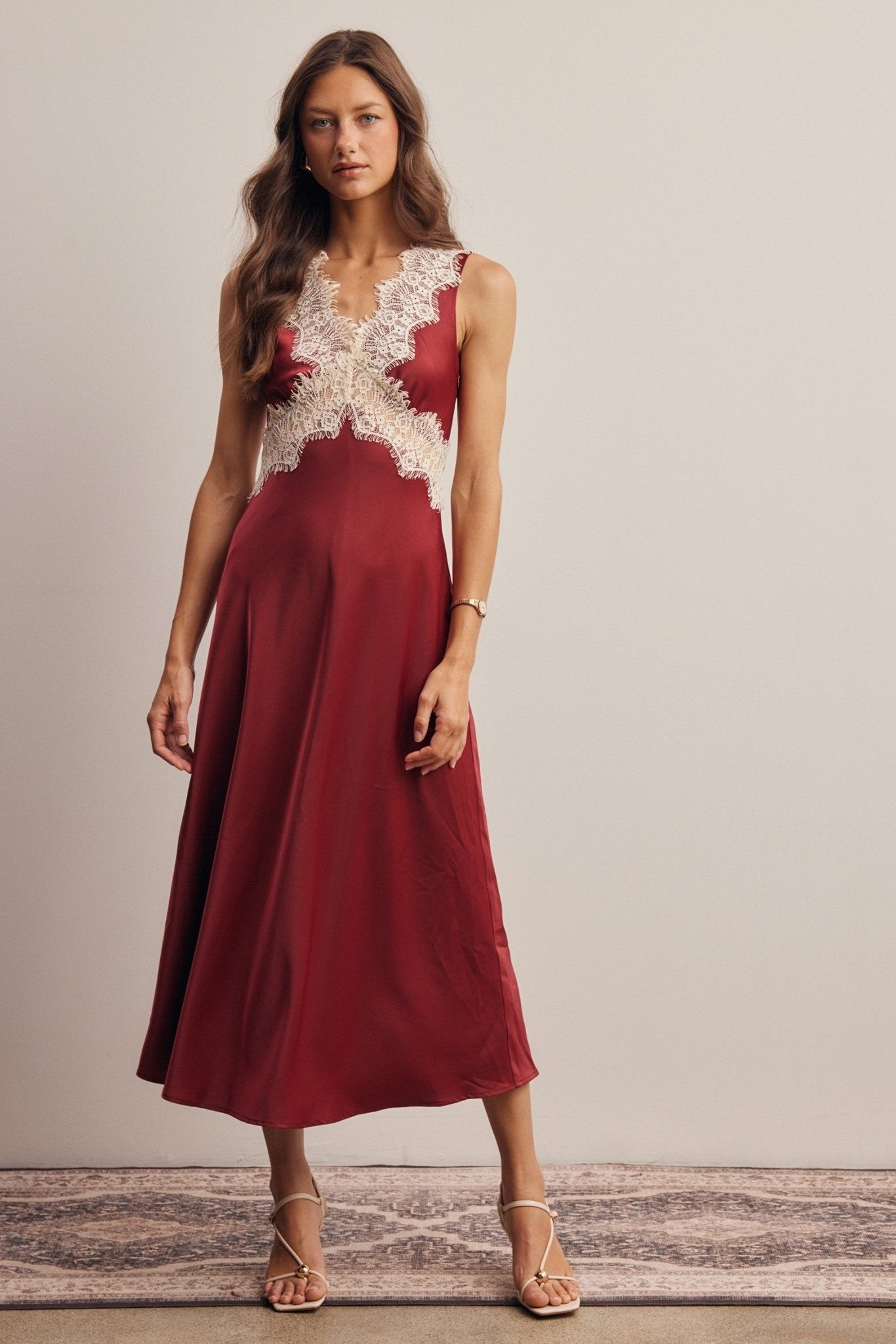 Calla Lace Trim Satin Midi Dress - Westly